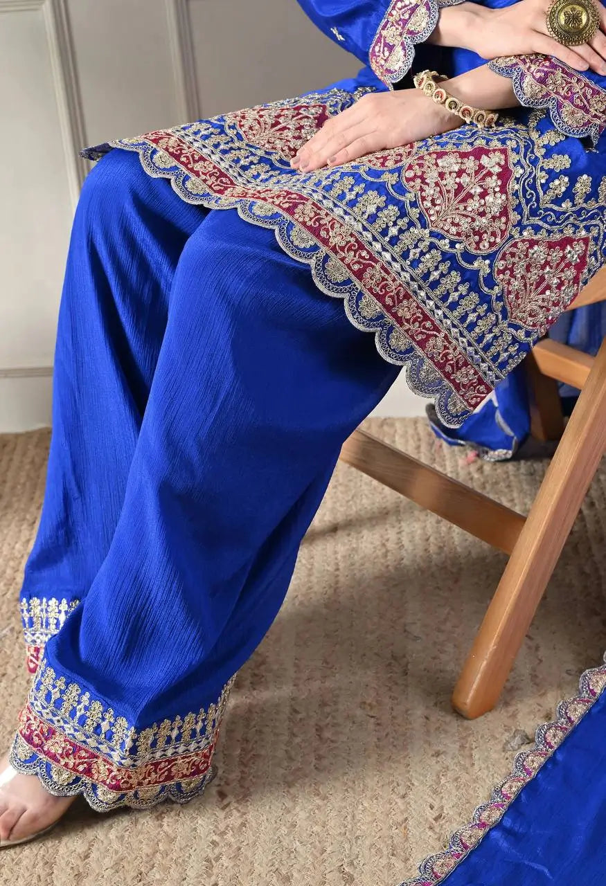 Designer Chinos Embroidered Top with Farshi Palazzo and Dupatta Set