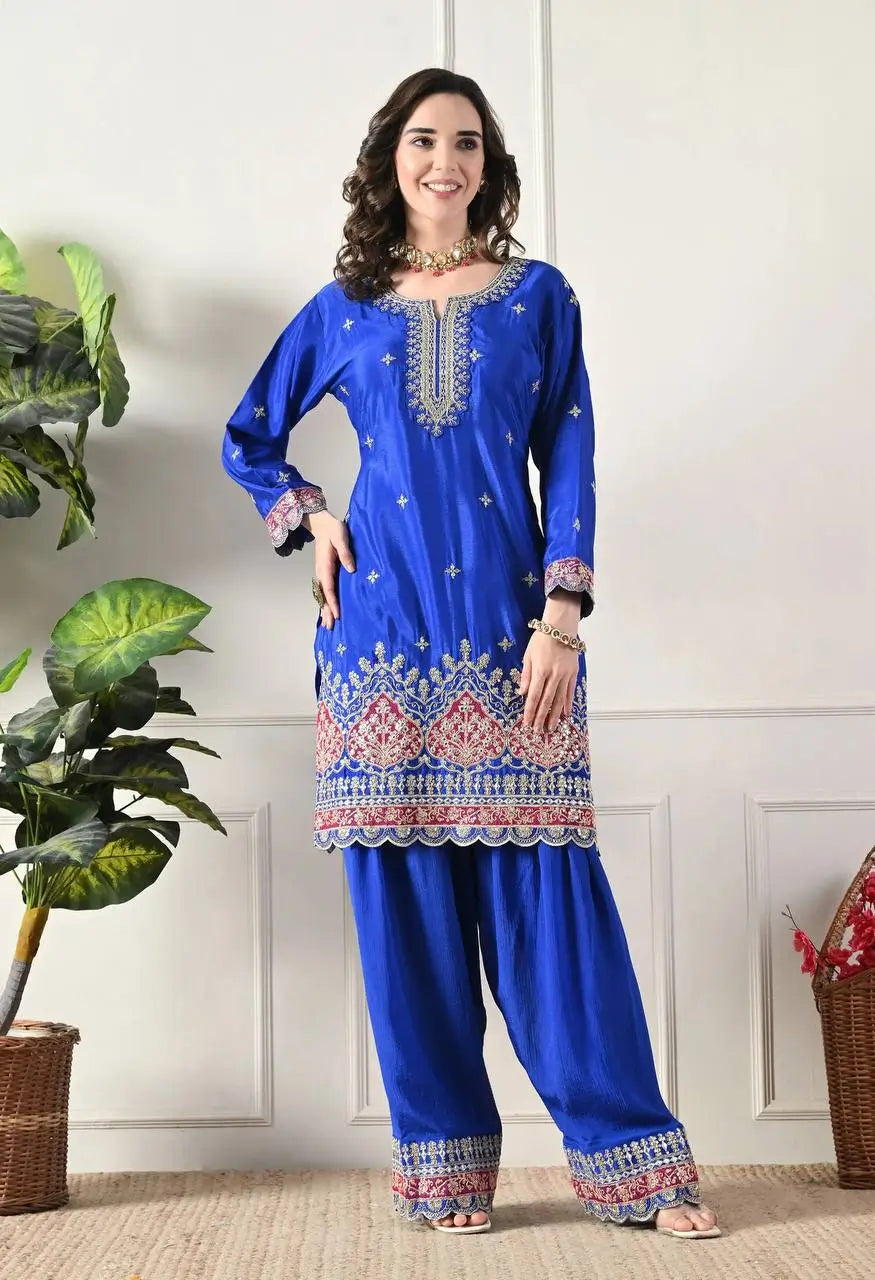 Designer Chinos Embroidered Top with Farshi Palazzo and Dupatta Set
