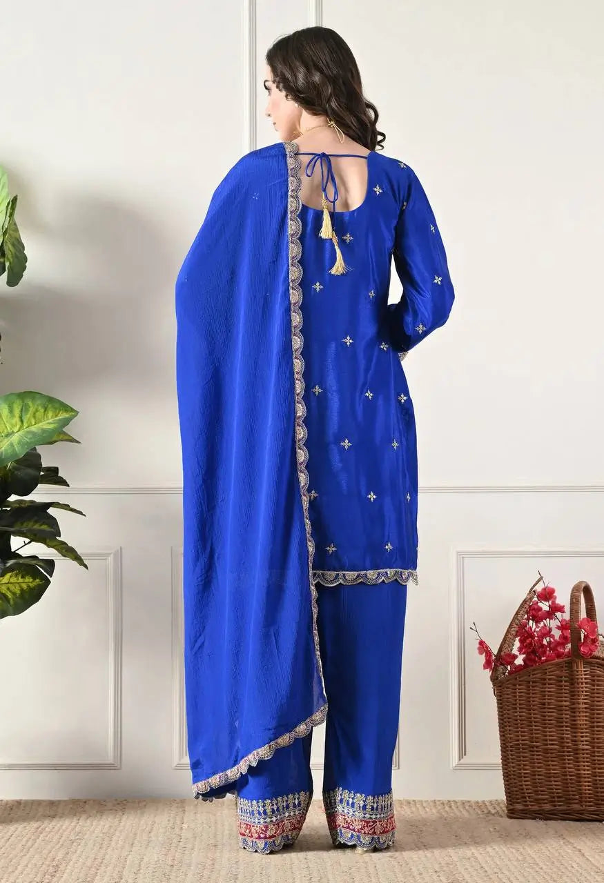 Designer Chinos Embroidered Top with Farshi Palazzo and Dupatta Set