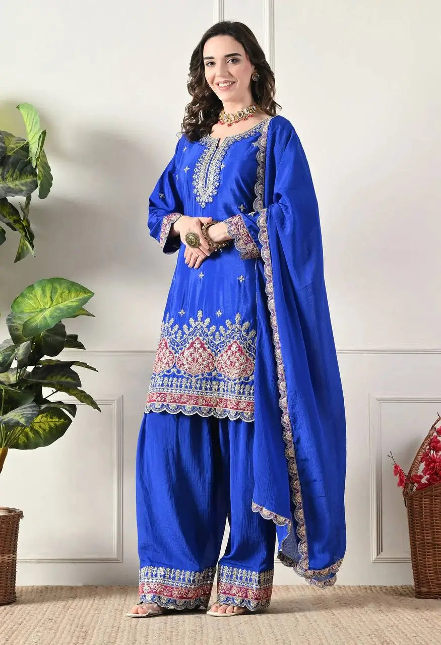 Designer Chinos Embroidered Top with Farshi Palazzo and Dupatta Set