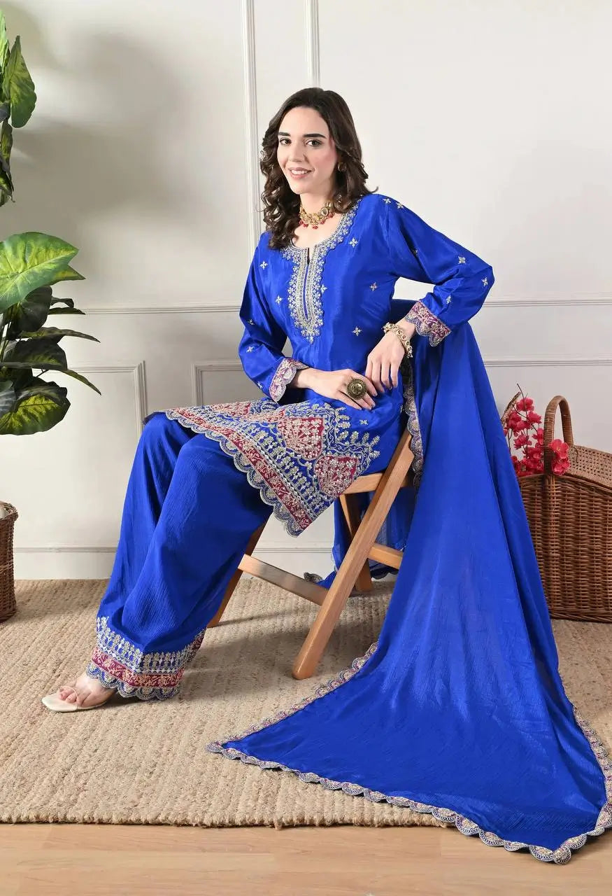 Designer Chinos Embroidered Top with Farshi Palazzo and Dupatta Set