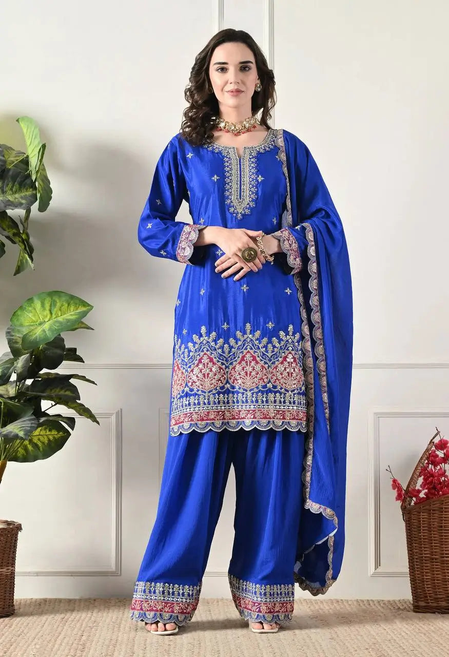 Designer Chinos Embroidered Top with Farshi Palazzo and Dupatta Set