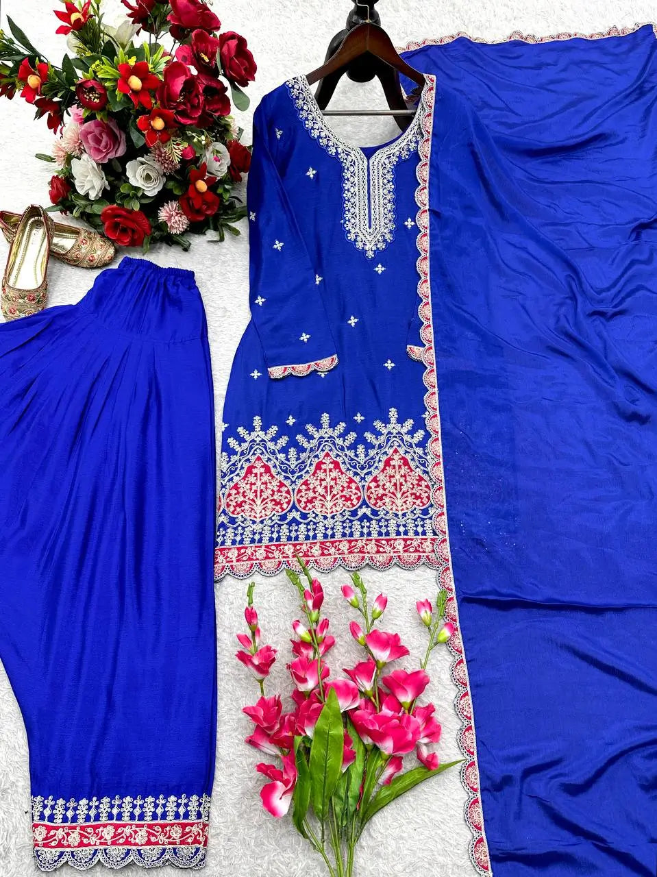 Designer Chinos Embroidered Top with Farshi Palazzo and Dupatta Set