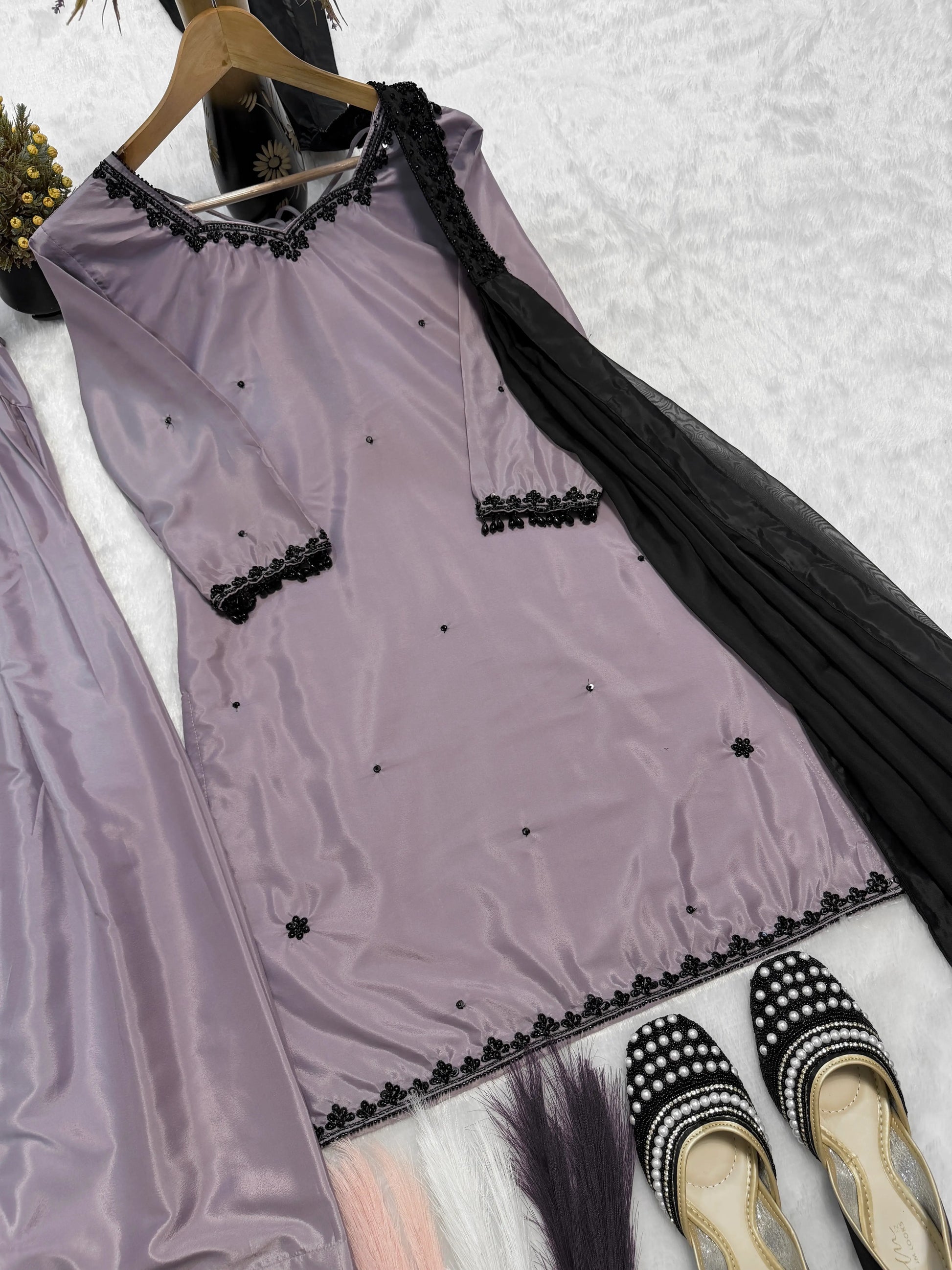 Designer Crepe Silk Embroidered Suit Set