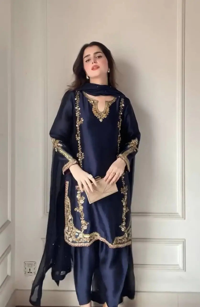 Designer Crepe Silk Embroidered Suit Set