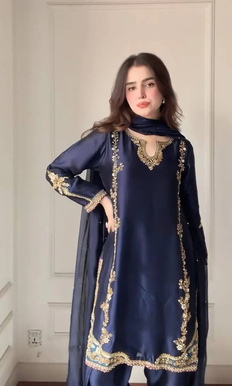 Designer Crepe Silk Embroidered Suit Set