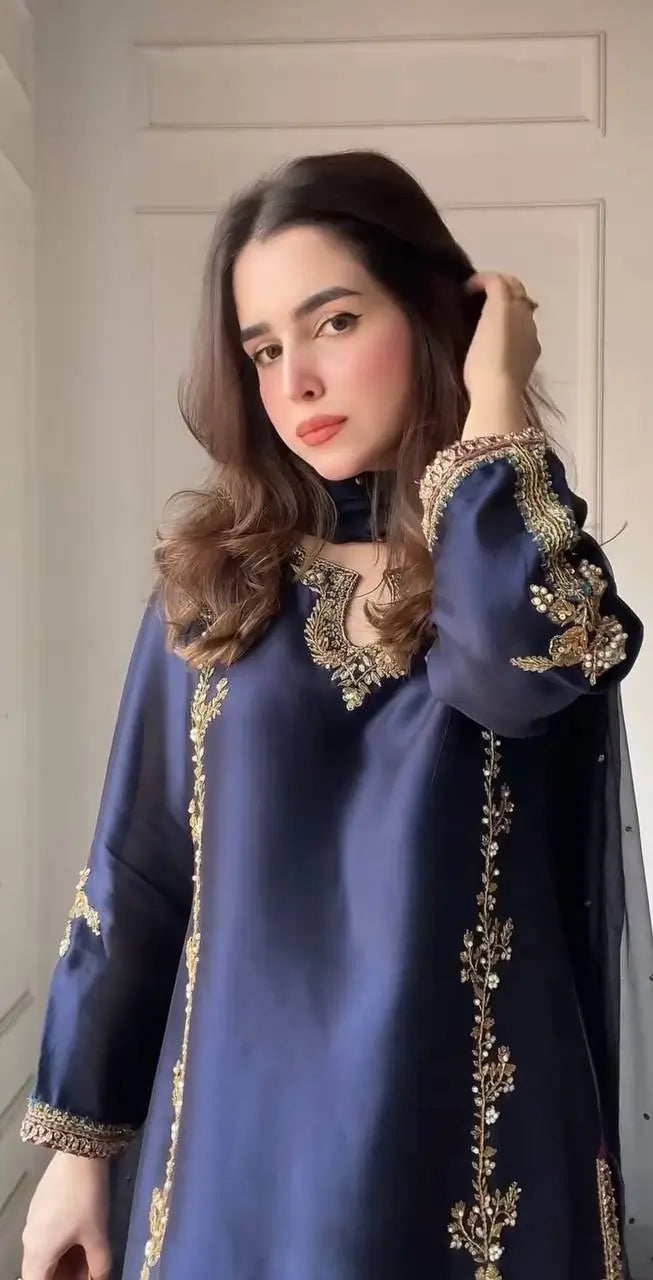 Designer Crepe Silk Embroidered Suit Set
