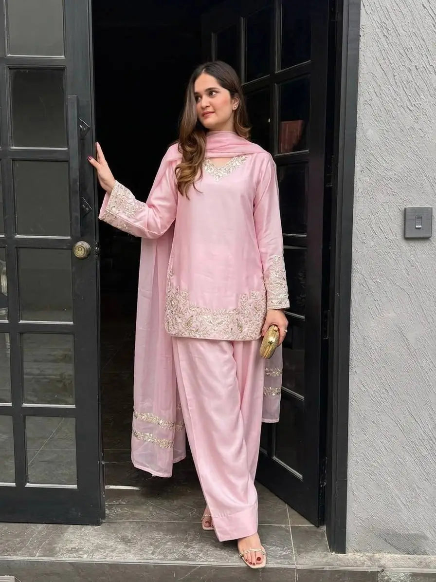 Designer Crepe Silk Embroidered Suit Set