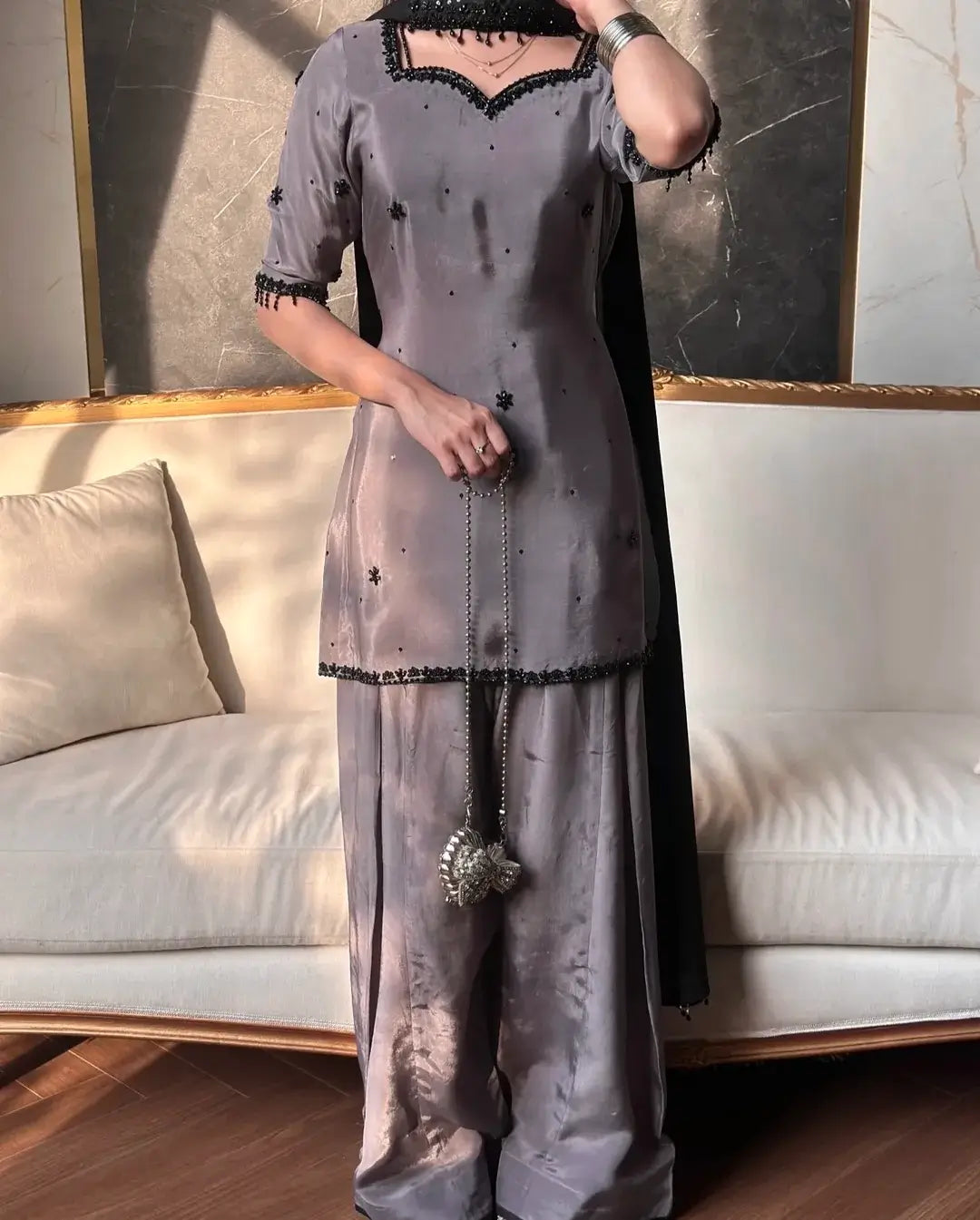 Designer Crepe Silk Embroidered Suit Set
