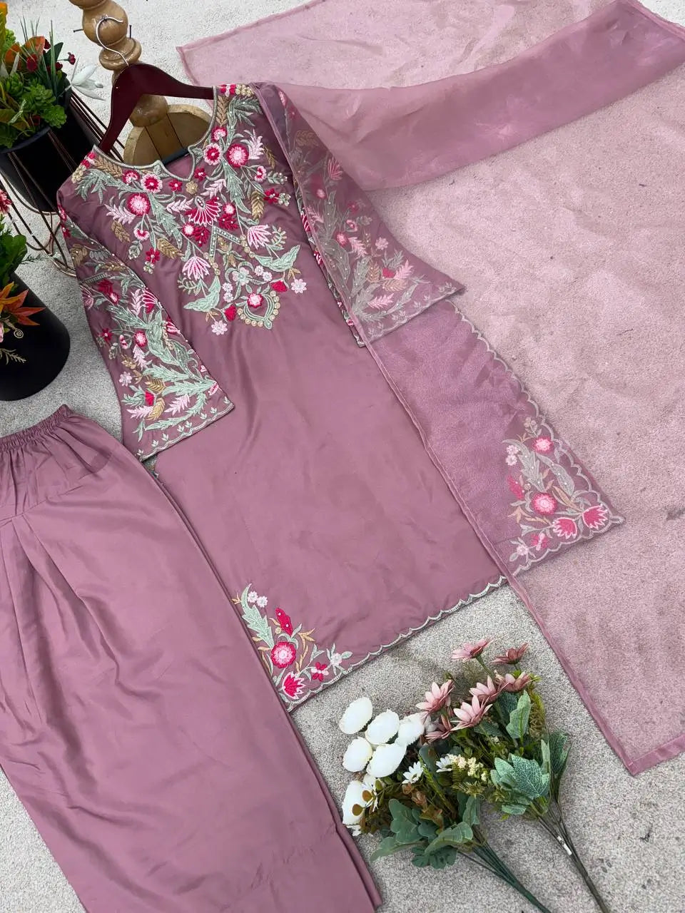 Designer Crepe Silk Embroidered Suit Set