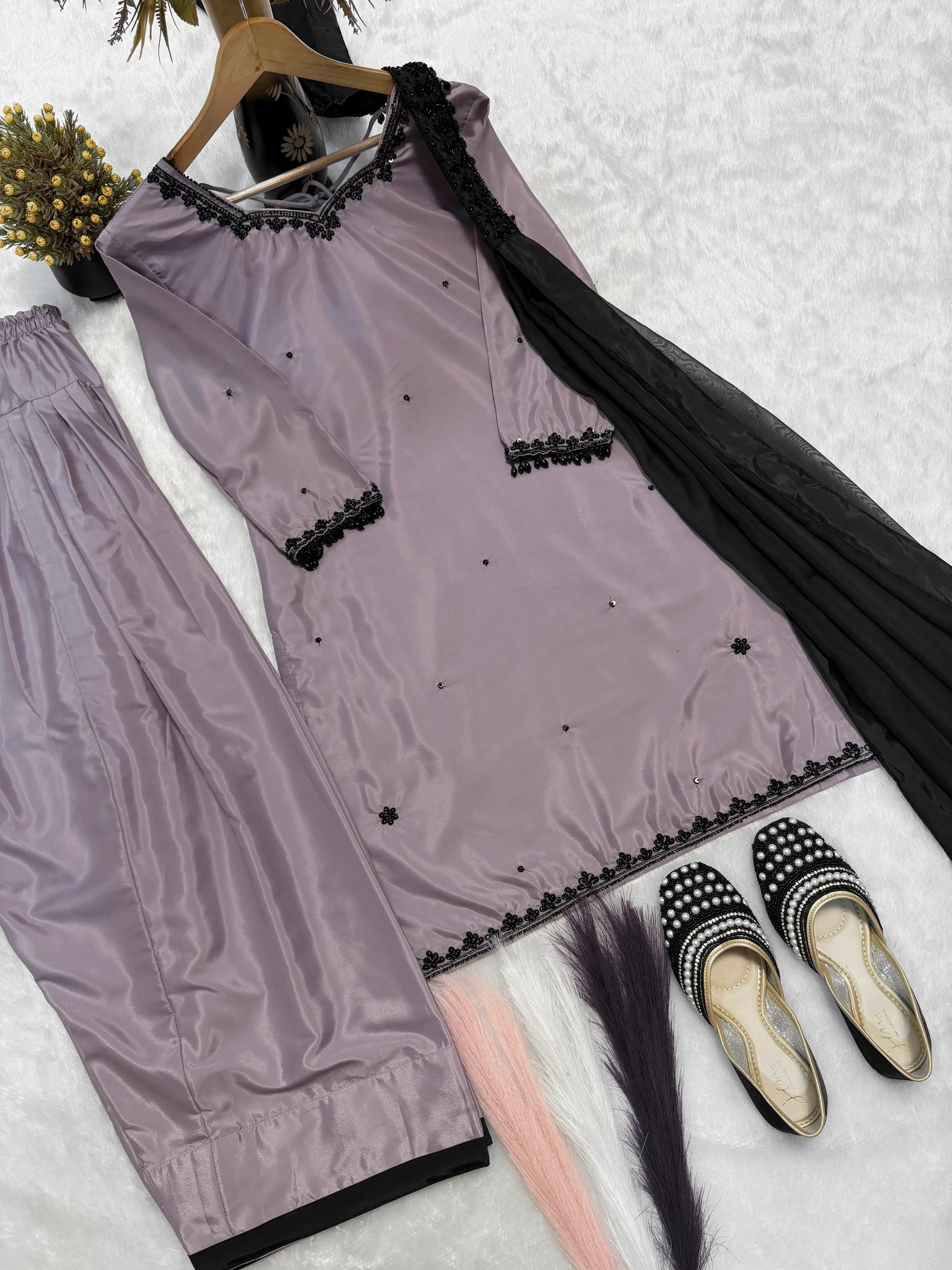 Designer Crepe Silk Embroidered Suit Set