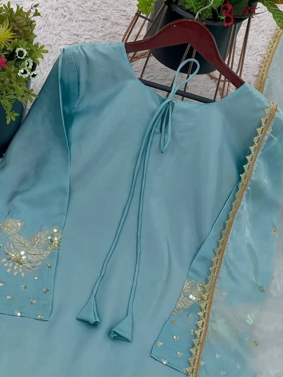 Designer Crepe Silk Embroidered Suit Set with Organza Dupatta