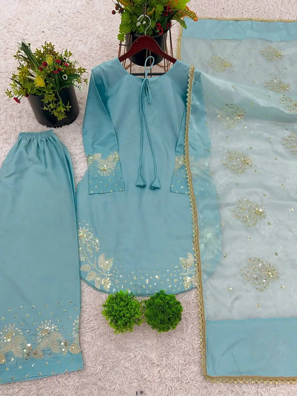 Designer Crepe Silk Embroidered Suit Set with Organza Dupatta