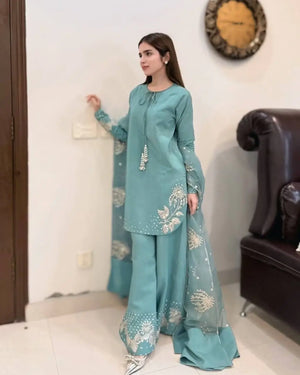 Designer Crepe Silk Embroidered Suit Set with Organza Dupatta