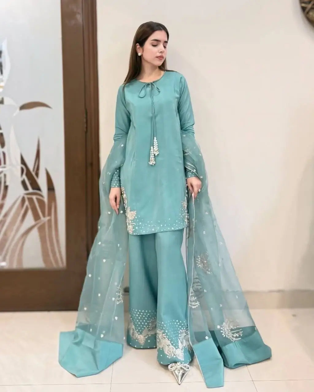 Designer Crepe Silk Embroidered Suit Set with Organza Dupatta