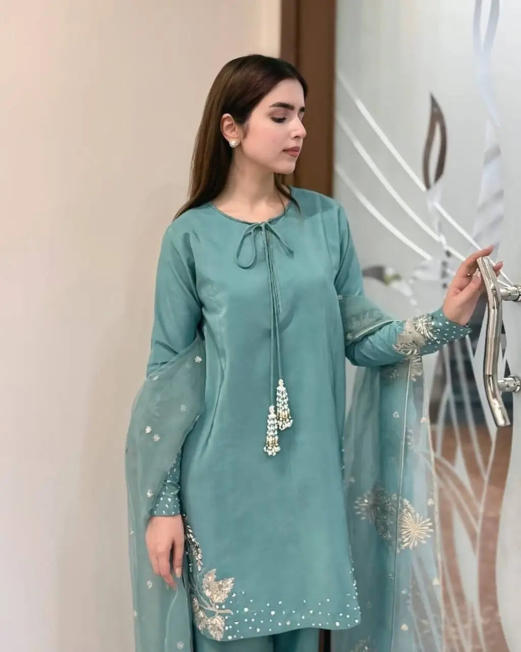 Designer Crepe Silk Embroidered Suit Set with Organza Dupatta
