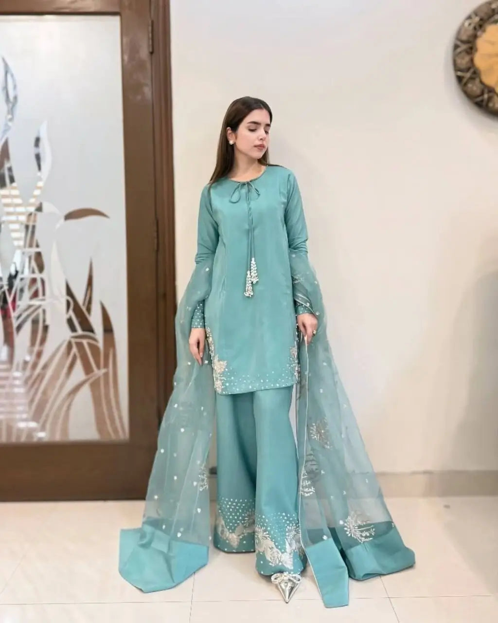 Designer Crepe Silk Embroidered Suit Set with Organza Dupatta