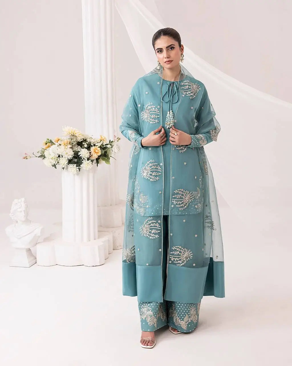 Designer Crepe Silk Embroidered Suit Set with Organza Dupatta