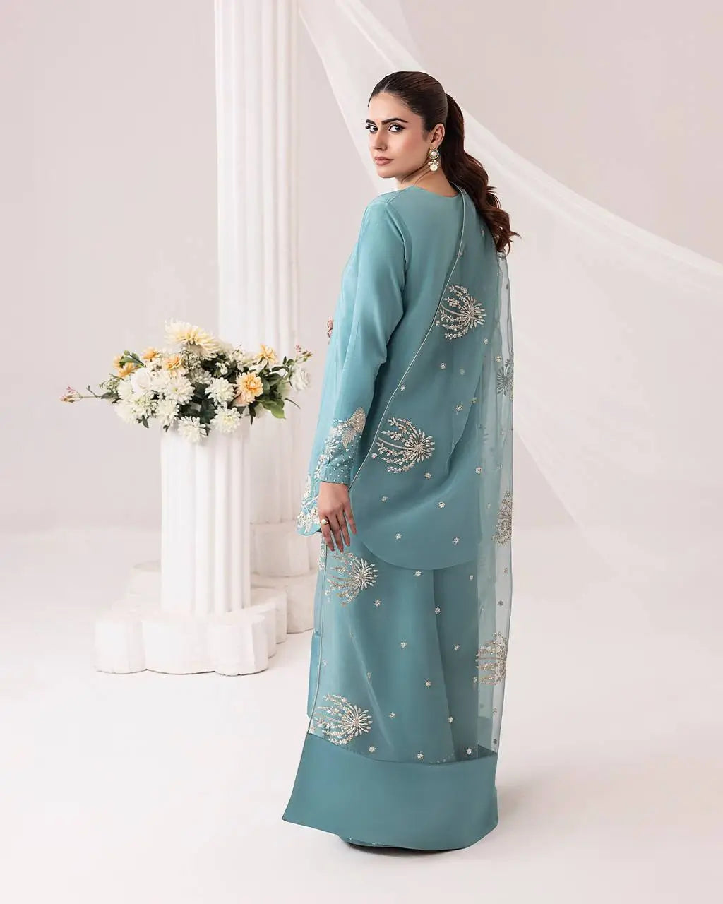 Designer Crepe Silk Embroidered Suit Set with Organza Dupatta
