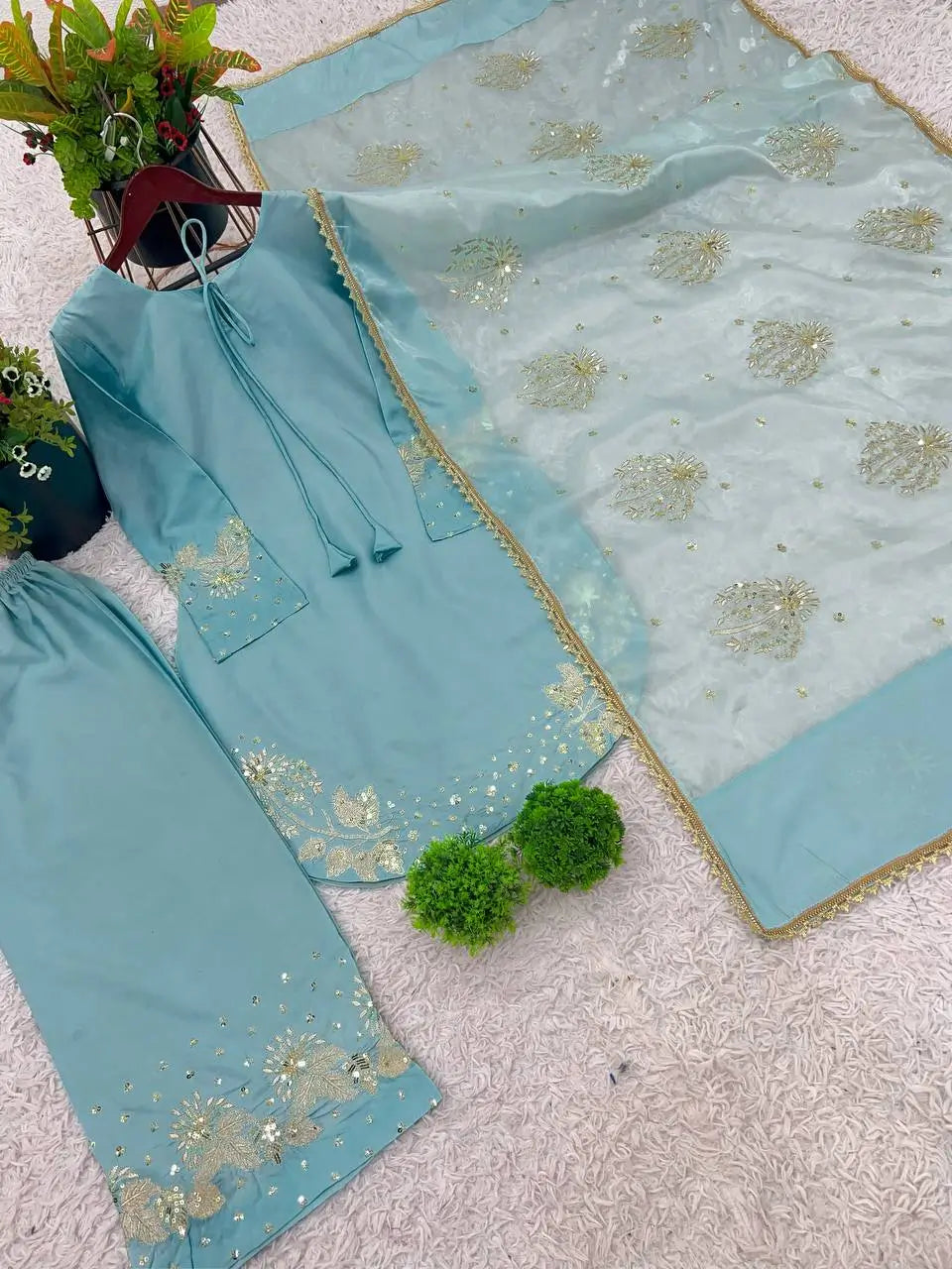 Designer Crepe Silk Embroidered Suit Set with Organza Dupatta