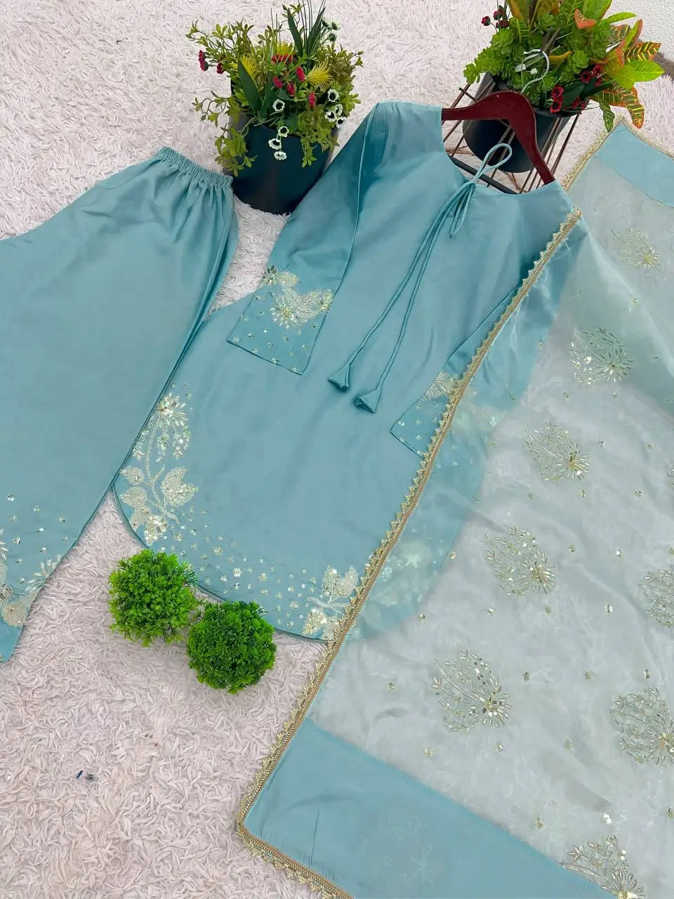 Designer Crepe Silk Embroidered Suit Set with Organza Dupatta