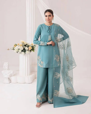 Designer Crepe Silk Embroidered Suit Set with Organza Dupatta