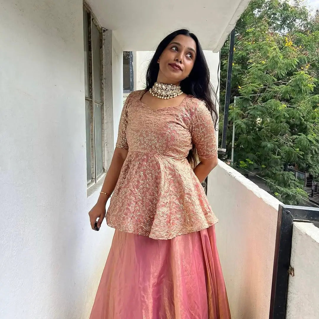 Designer Crunchy Silk Embroidered Peplum Top with Lehenga