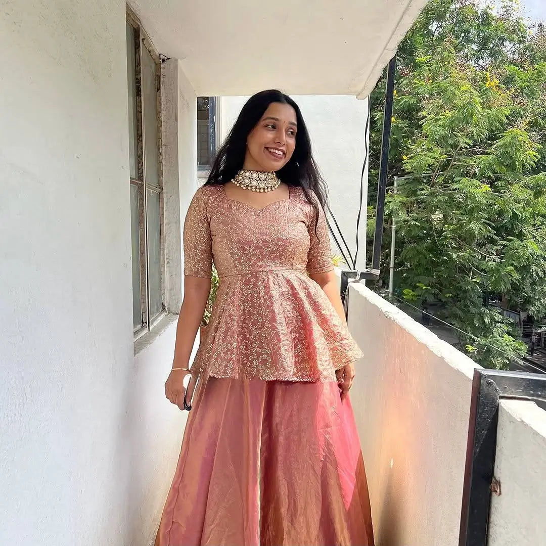 Designer Crunchy Silk Embroidered Peplum Top with Lehenga