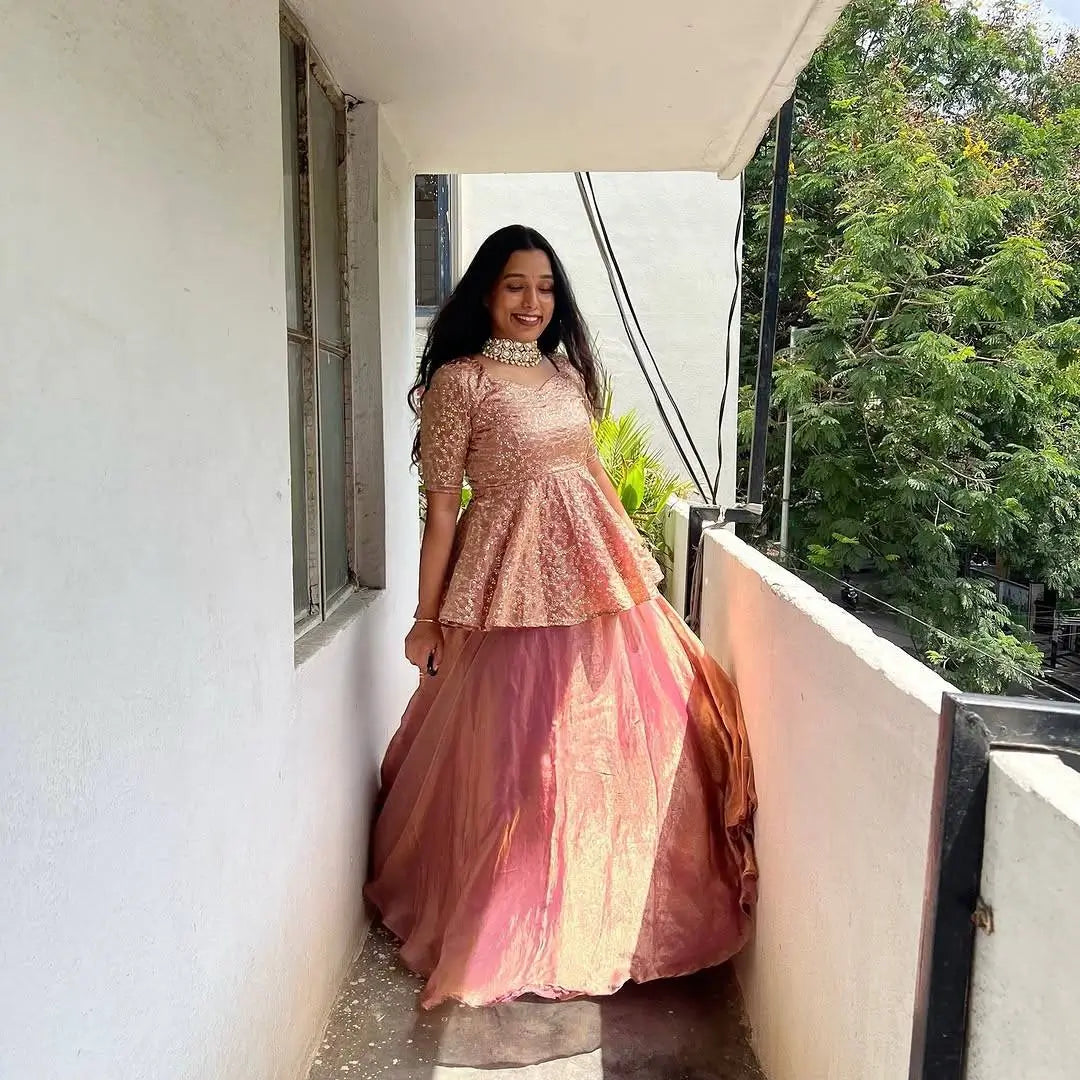 Designer Crunchy Silk Embroidered Peplum Top with Lehenga