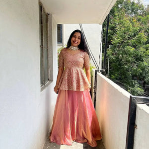 Designer Crunchy Silk Embroidered Peplum Top with Lehenga