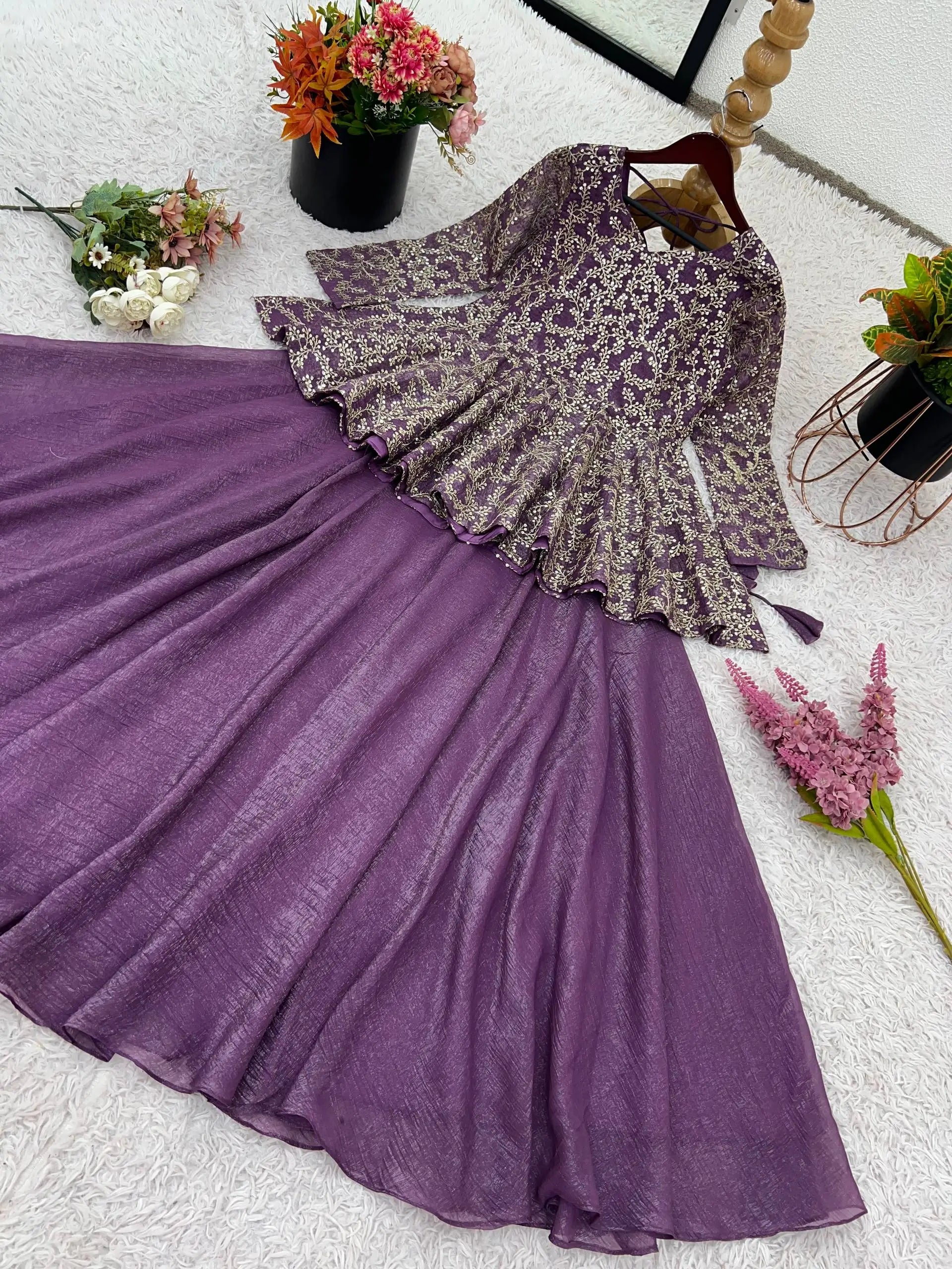 Designer Crunchy Silk Embroidered Peplum Top with Lehenga