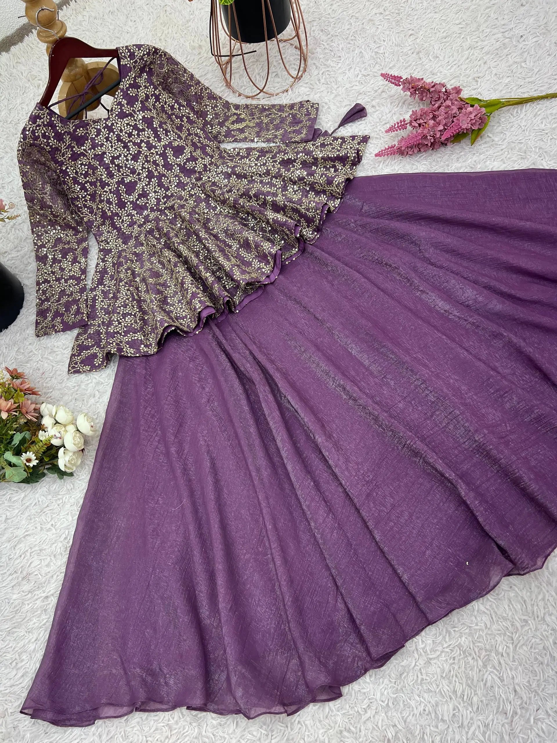 Designer Crunchy Silk Embroidered Peplum Top with Lehenga