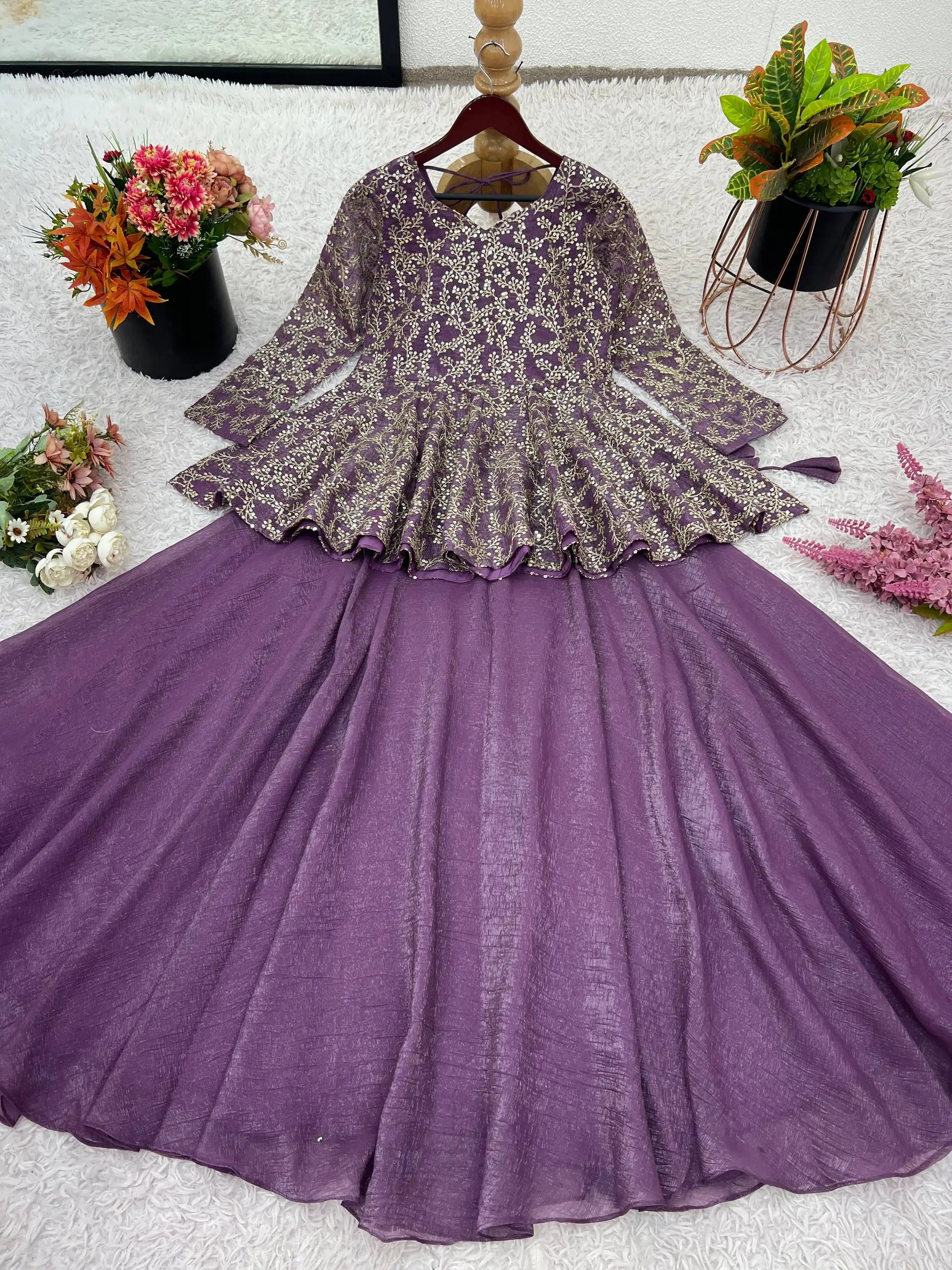 Designer Crunchy Silk Embroidered Peplum Top with Lehenga