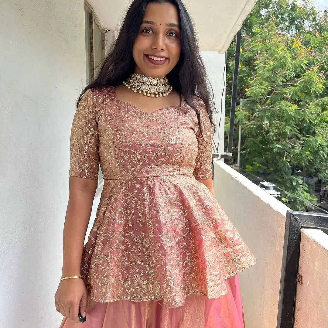 Designer Crunchy Silk Embroidered Peplum Top with Lehenga