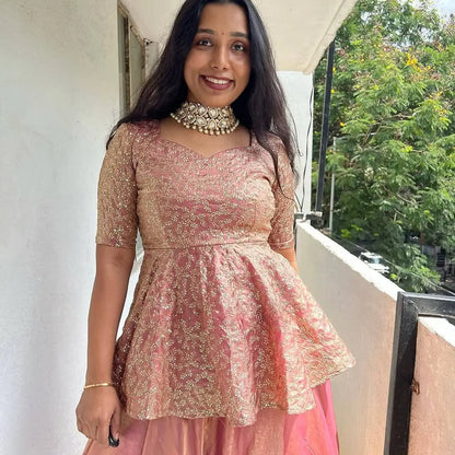 Designer Crunchy Silk Embroidered Peplum Top with Lehenga