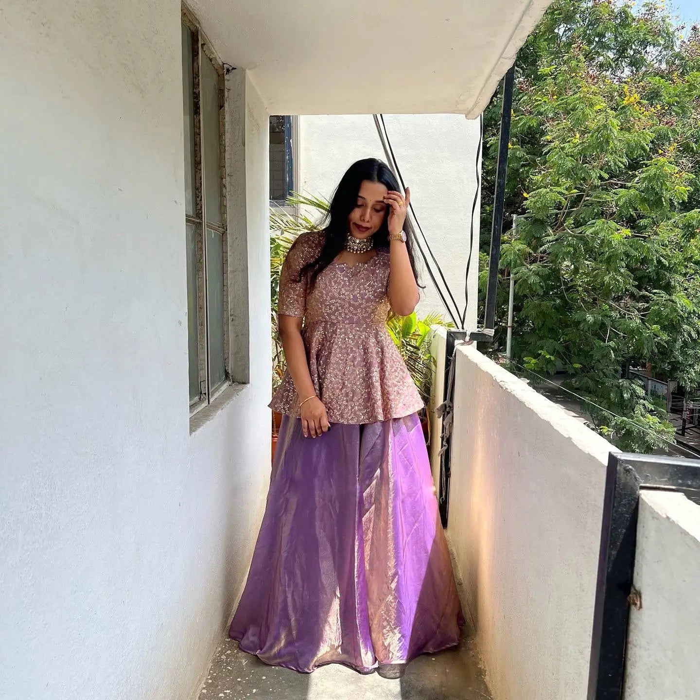 Designer Crunchy Silk Embroidered Peplum Top with Lehenga