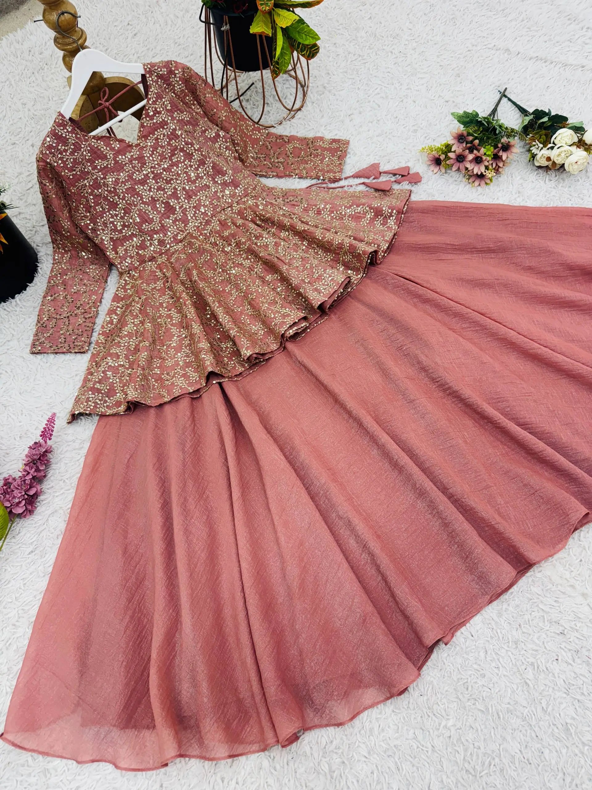 Designer Crunchy Silk Embroidered Peplum Top with Lehenga