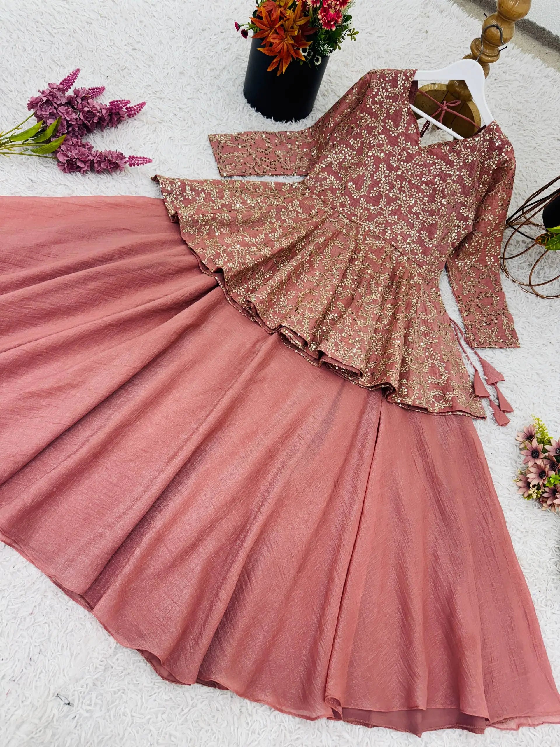 Designer Crunchy Silk Embroidered Peplum Top with Lehenga
