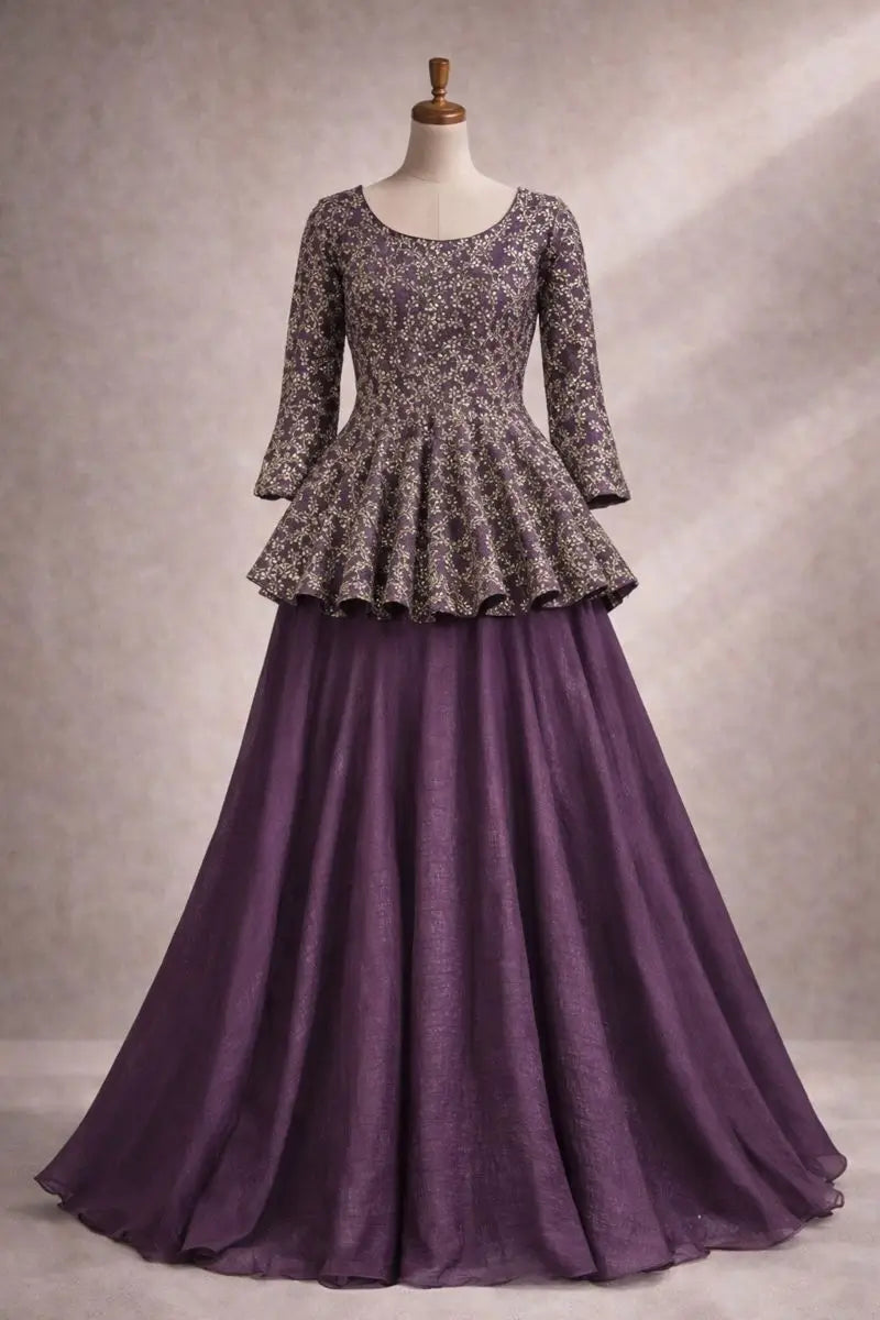Designer Crunchy Silk Embroidered Peplum Top with Lehenga