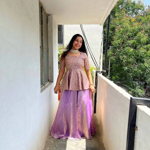 Designer Crunchy Silk Embroidered Peplum Top with Lehenga