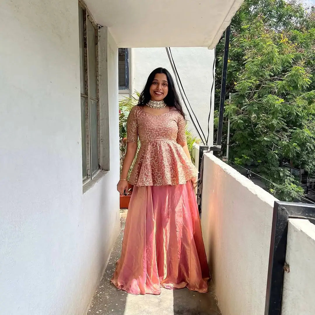 Designer Crunchy Silk Embroidered Peplum Top with Lehenga
