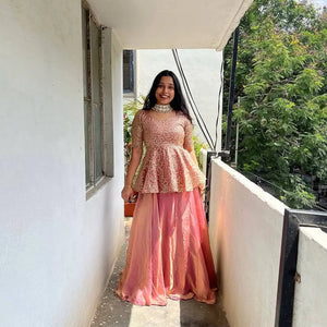 Designer Crunchy Silk Embroidered Peplum Top with Lehenga