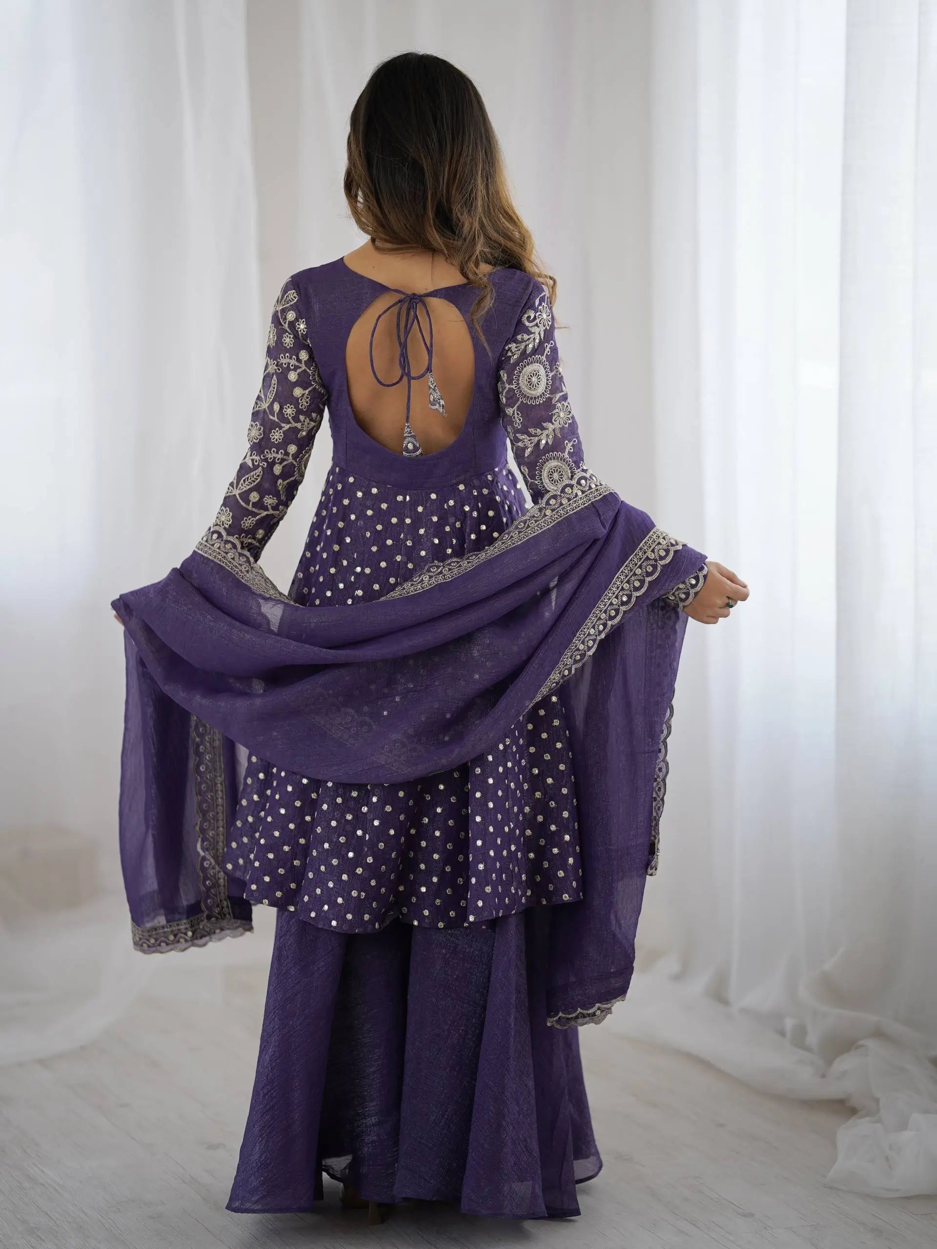 Designer Crunchy Silk Embroidered Sharara Suit Set