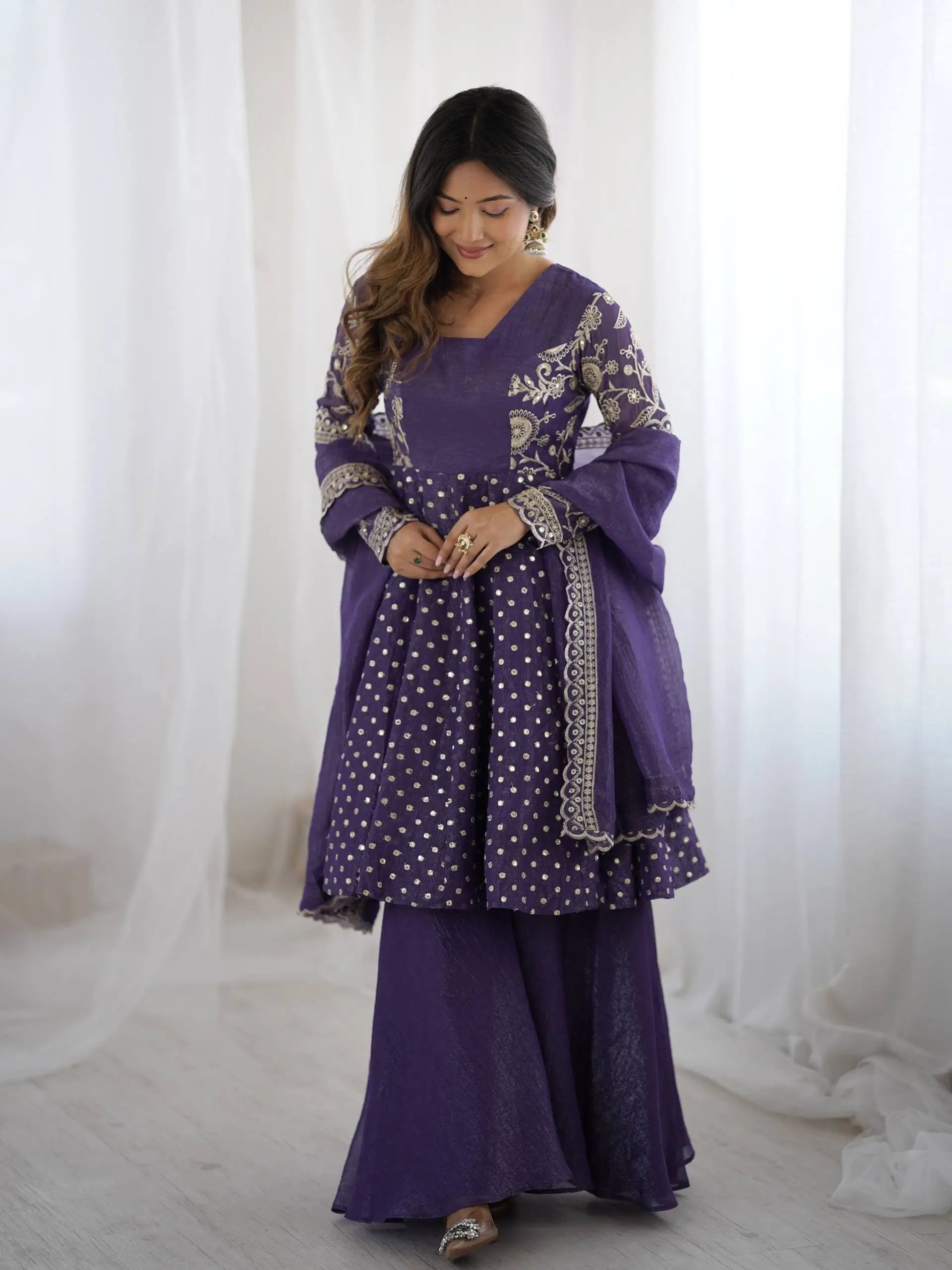 Designer Crunchy Silk Embroidered Sharara Suit Set