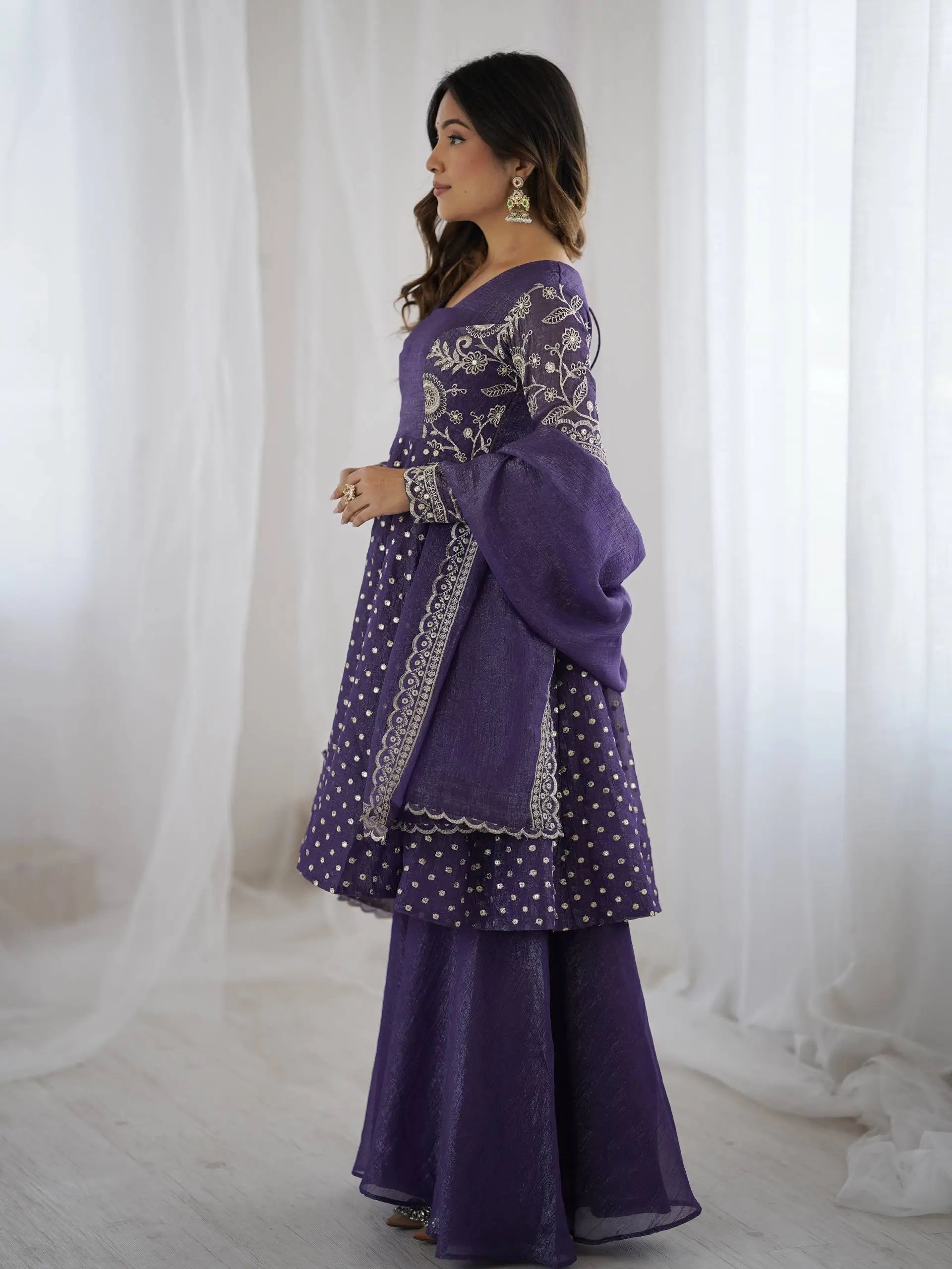 Designer Crunchy Silk Embroidered Sharara Suit Set