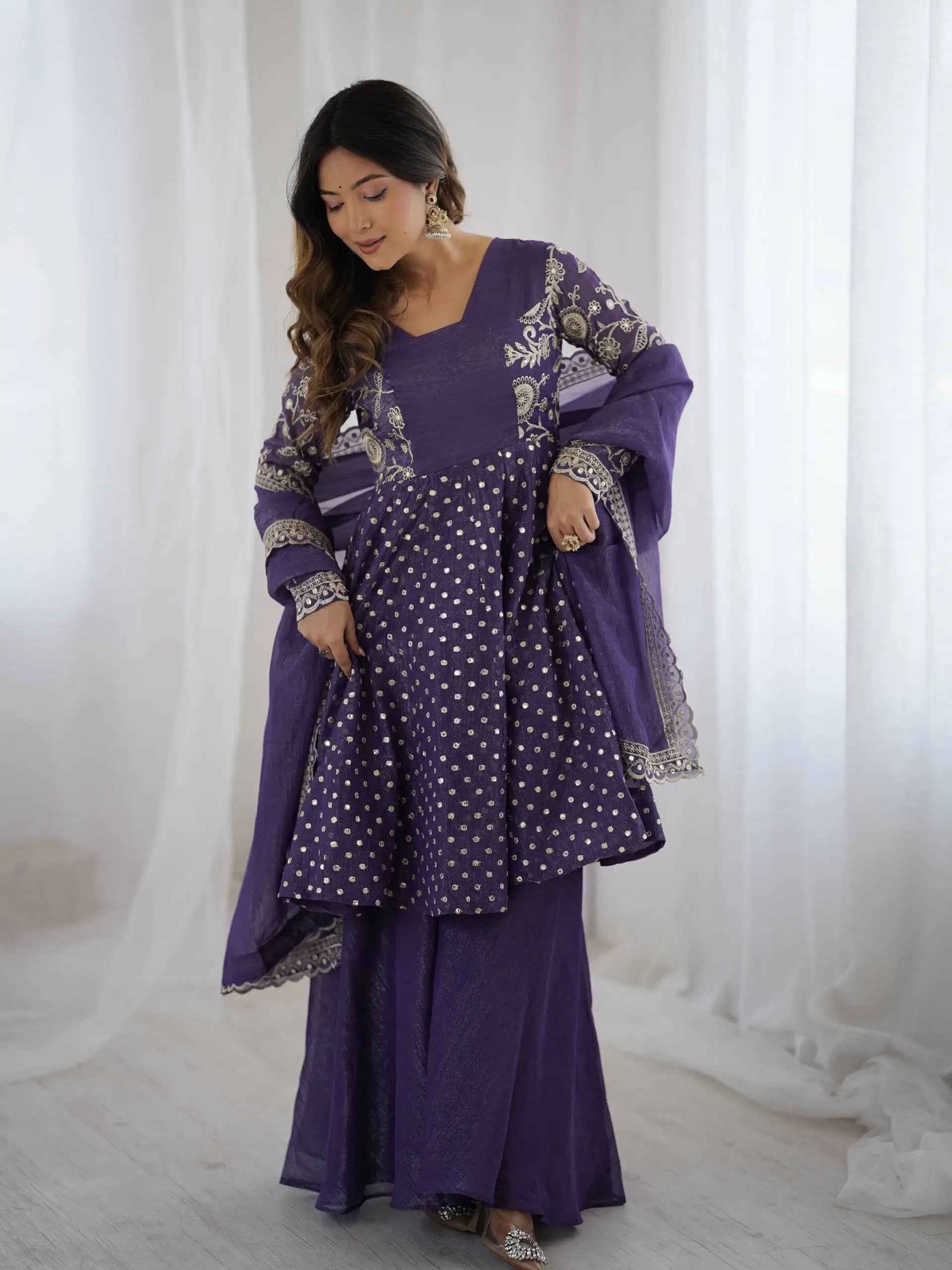 Designer Crunchy Silk Embroidered Sharara Suit Set