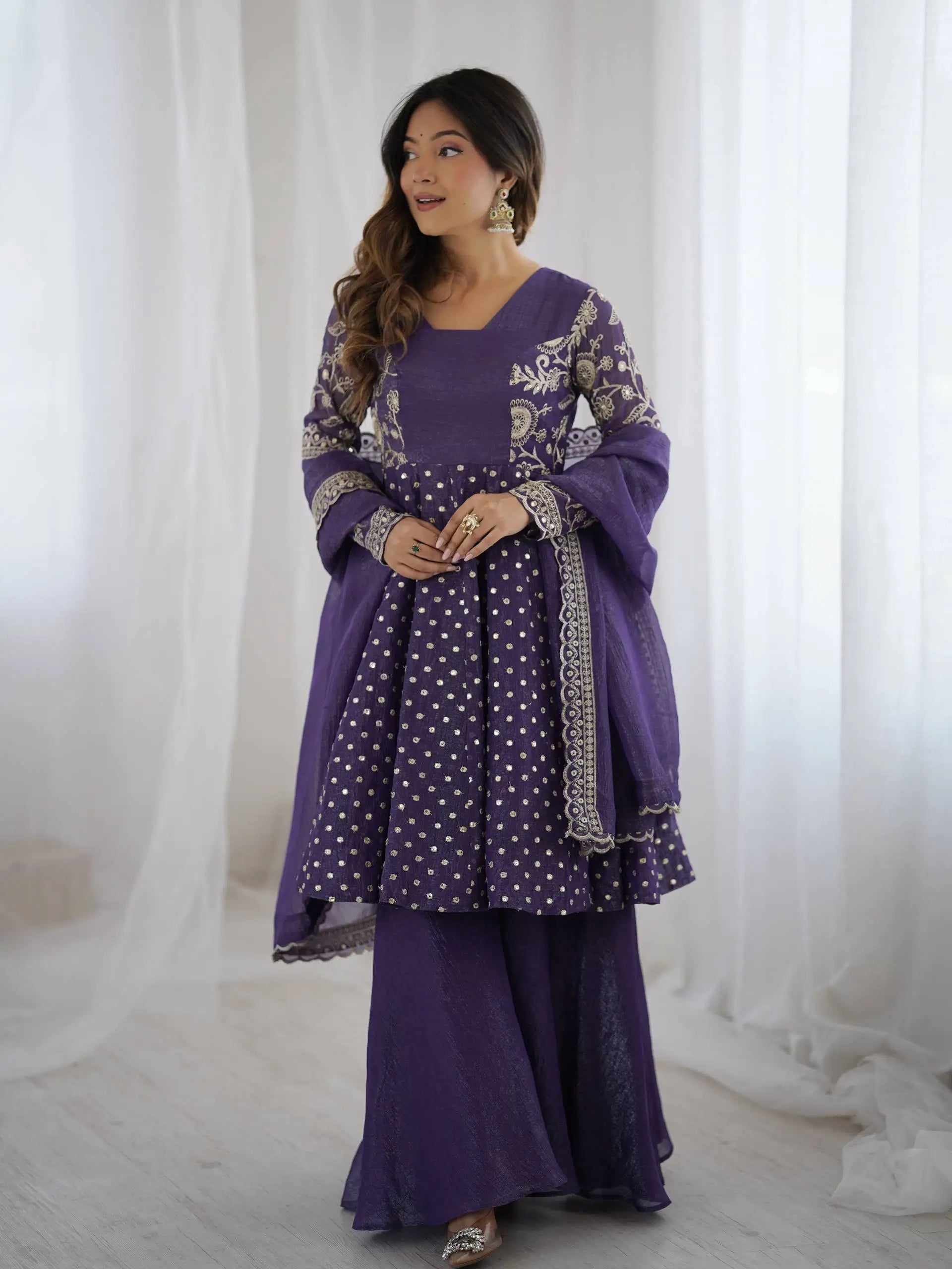 Designer Crunchy Silk Embroidered Sharara Suit Set