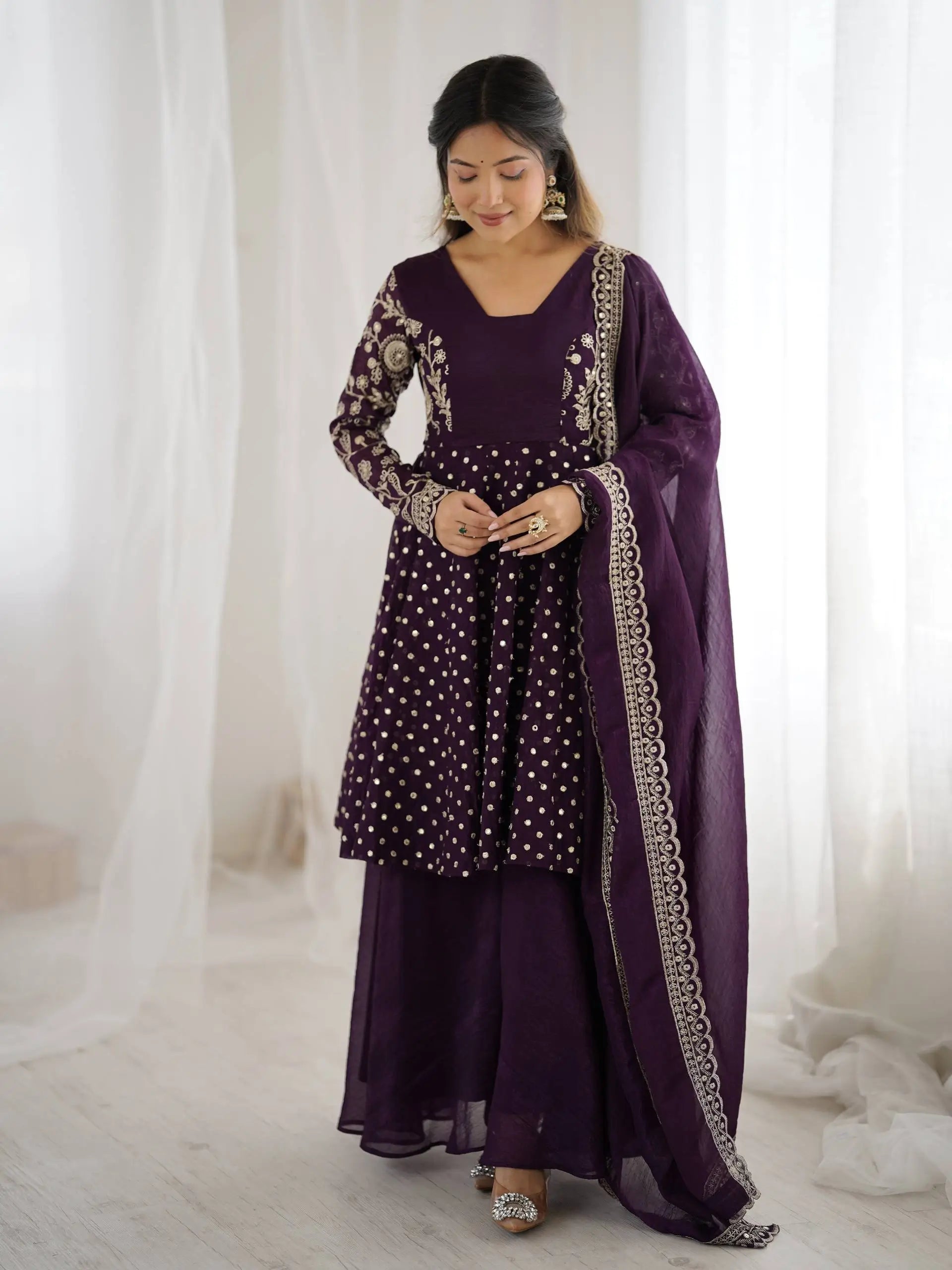 Designer Crunchy Silk Embroidered Sharara Suit Set