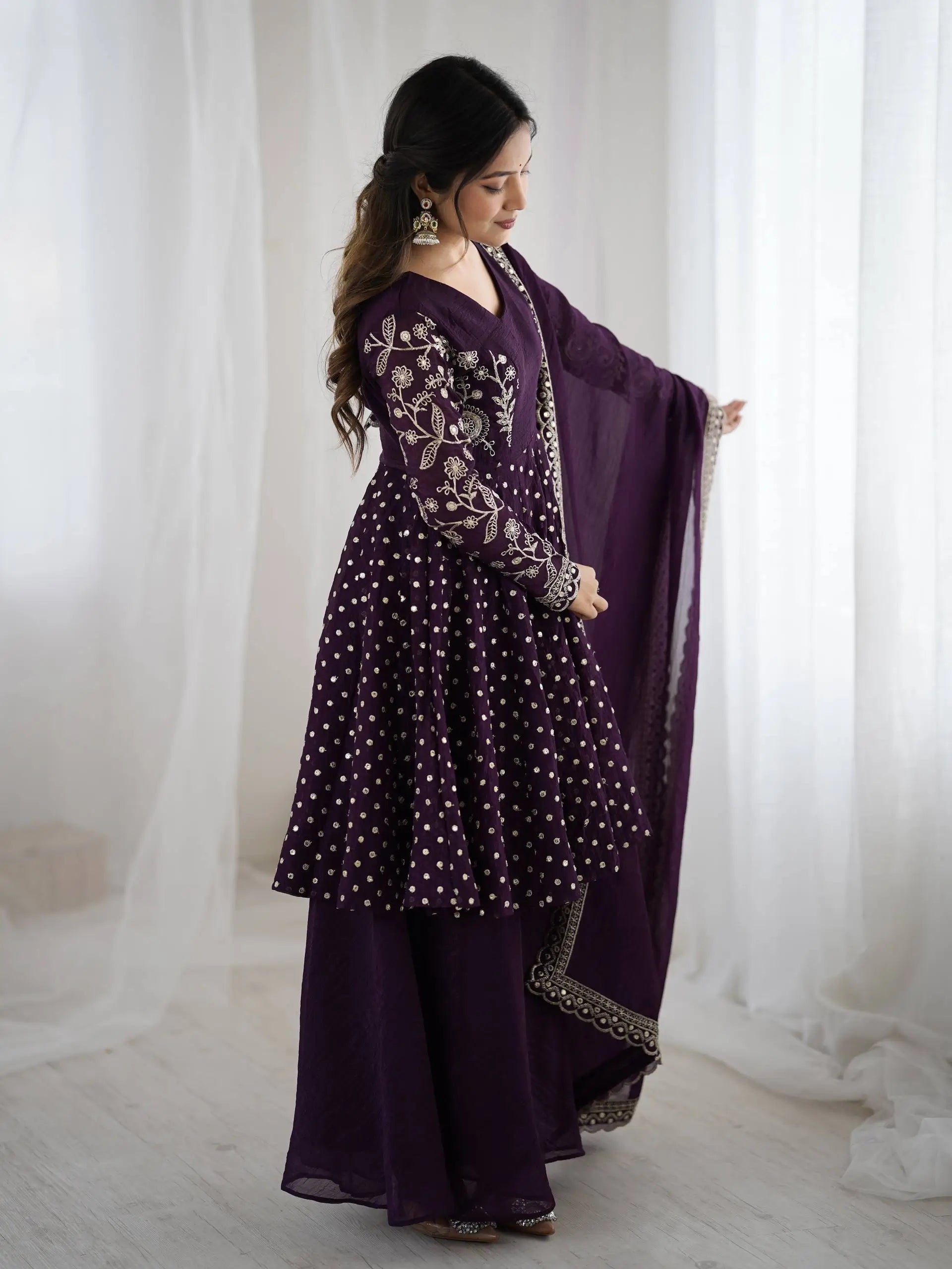 Designer Crunchy Silk Embroidered Sharara Suit Set