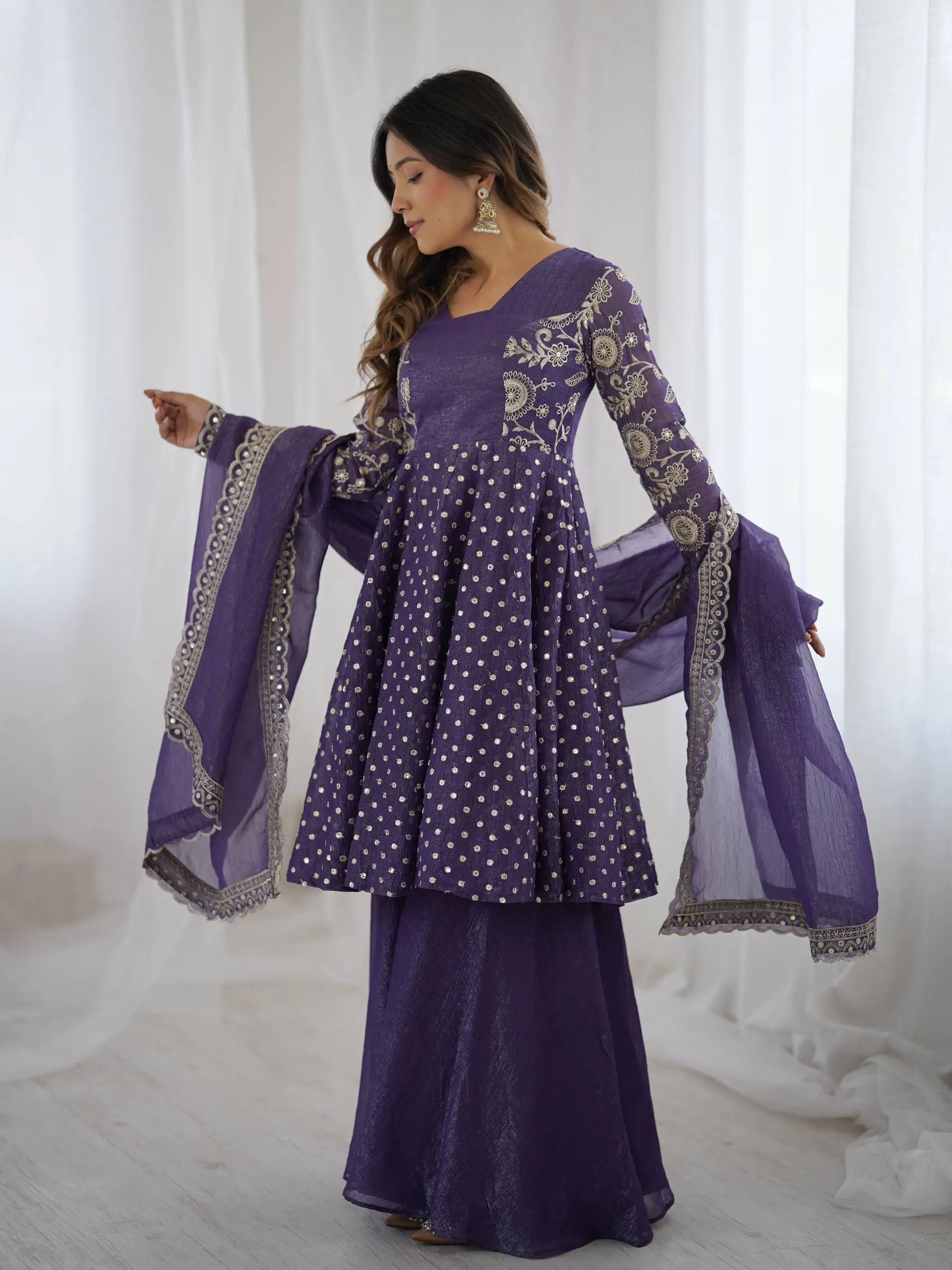 Designer Crunchy Silk Embroidered Sharara Suit Set